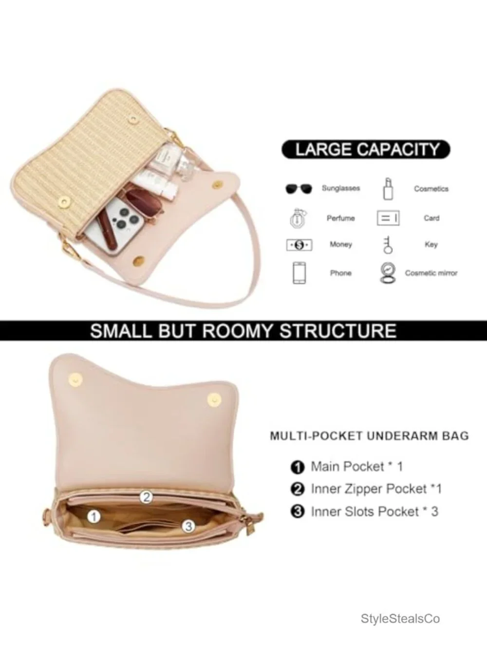 Straw PU Leather Hobo Shoulder Bag Detachable Chain Crossbody Mini